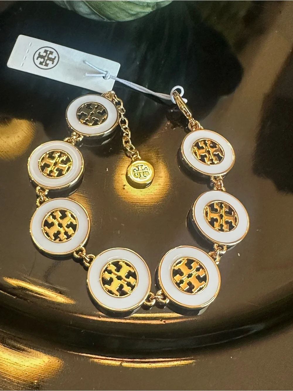 NWT Tory Burch Enamel Hollow Round Logo Link Bracelet Gold & White